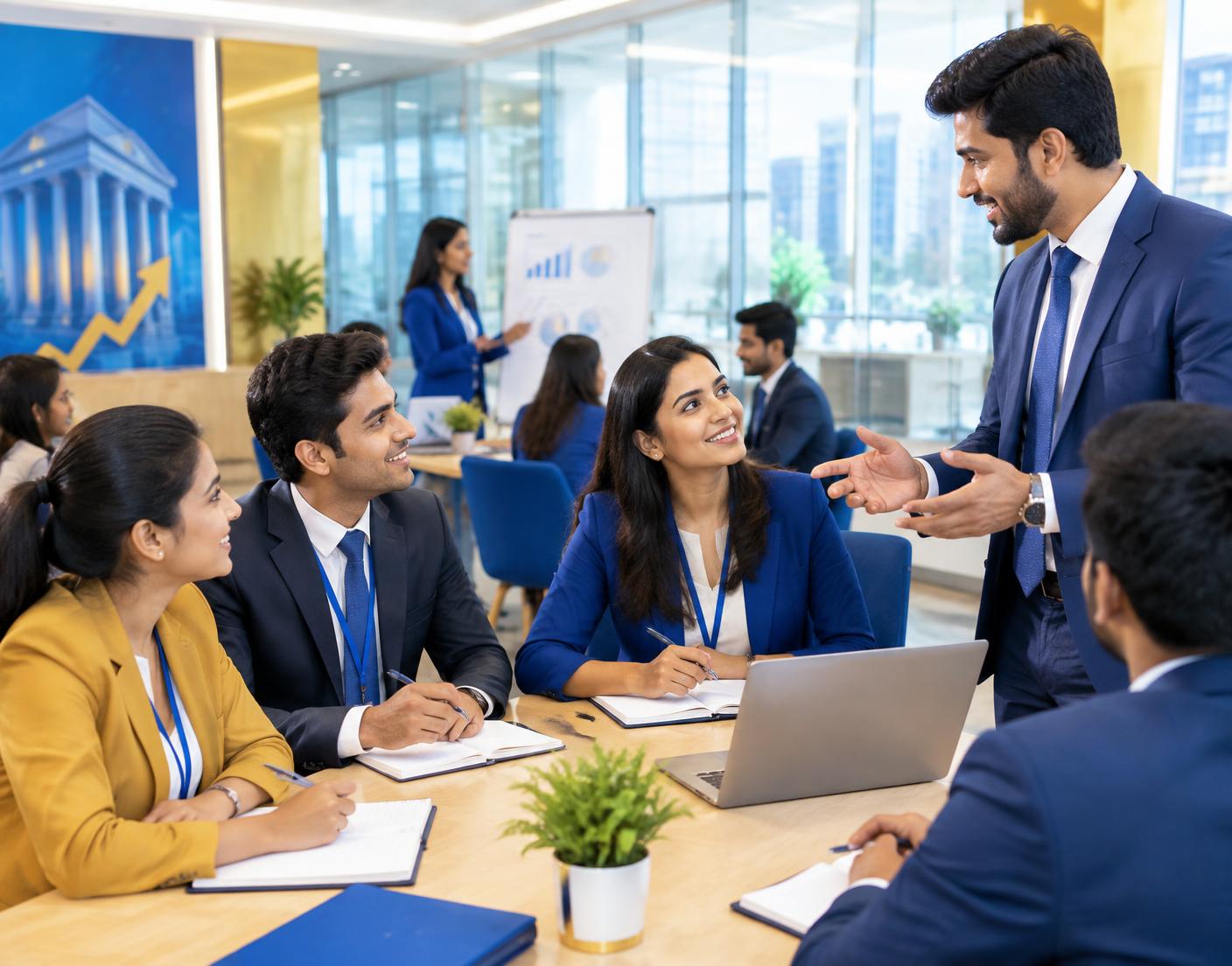 Indian banking professionals taking part in an energetic sales training workshop